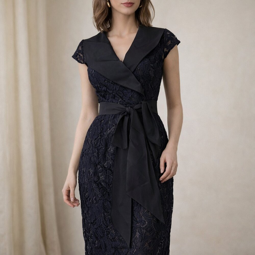 NWOT Le Château Black Lace Wrap-Style Belted Dress – Size XXS – Made in Canada
